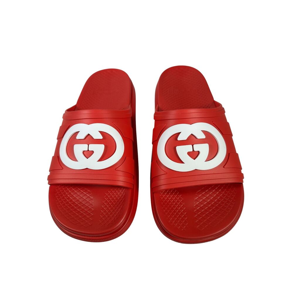 NIB Gucci Rubber Slide Sandals Red with White GG Logo UK11 US11.5